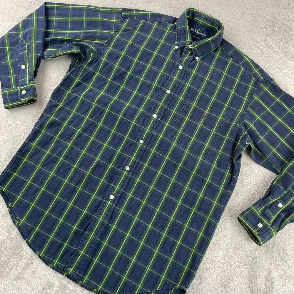 Vintage Polo Ralph Lauren Shirt Men Medium‎ Navy Tartan Plaid Blaire Preppy Pony